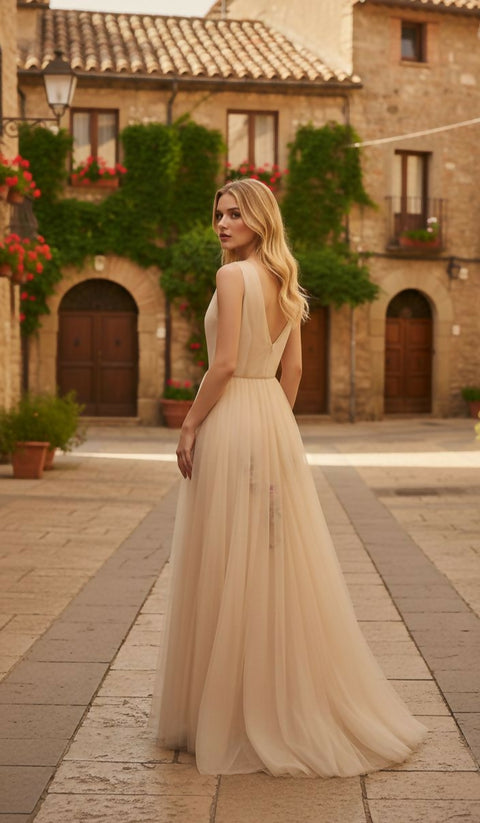 Layered Tulle Dress in Soft Beige