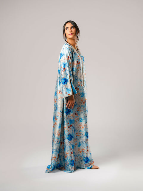 Dress-Jellabiya- Patterned Silk long Loose Style - With A luxury mixture of Blue -brown color-Sleeves with elegant lace