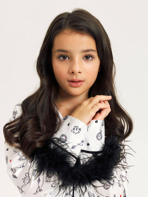 Girls' Luxury Silk Two-Piece Set – Alice in Wonderland print