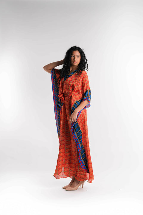 Multicolor Satin Kaftan with Belt