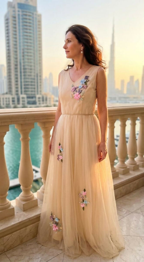 Layered Tulle Dress in Soft Beige