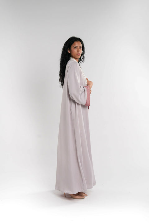 Pink & Grey Lace Neck Abaya with Shaila