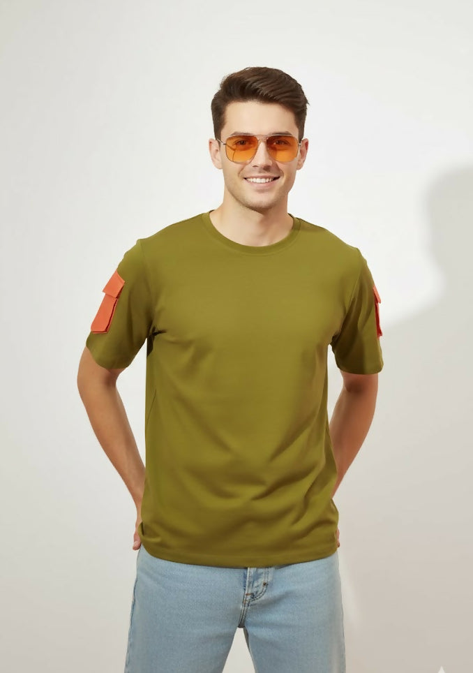 ROUND NEXK T-SHIRT with LEATHER PATCH POCKET