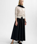 Rose knit sand, Amira skirt black, Mina stitched scarf black