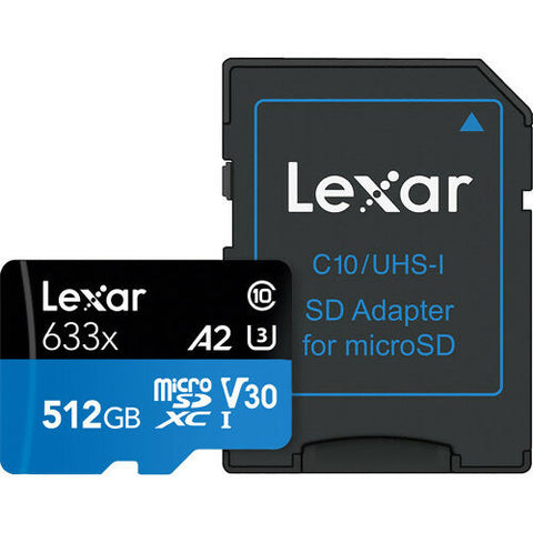 LEXAR عالي الأداء 512 جيجابايت 633X MICROSDXC UHS-I مع محول SD، ما يصل إلى 100 ميجابايت/ثانية قراءة 70 ميجابايت/ثانية كتابة C10 A2 V30 U3 