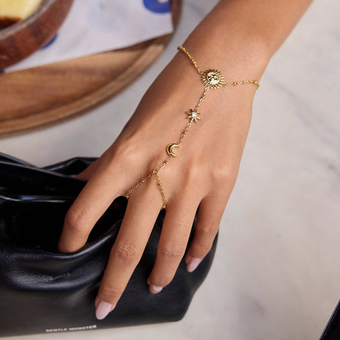 Celyra – Moon, Sun & Star CZ Hand & Finger Bracelet, 18K Gold Finish