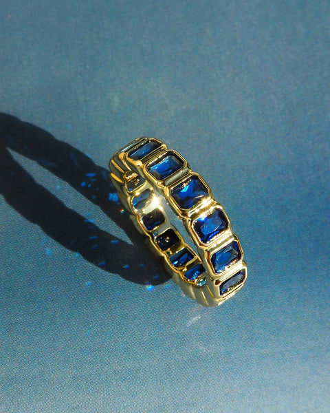 Bezel Emerald Ballier Ring- Blue Sapphire- Gold- Size 6