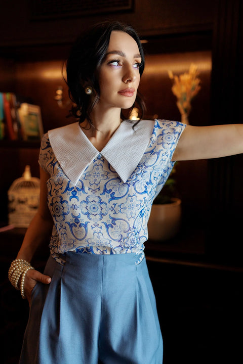 Maiolica Print Chiffon Blouse with Collar