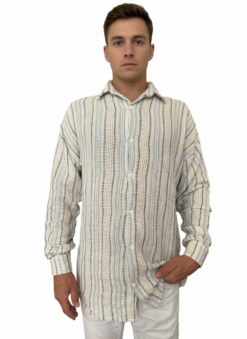 Striped Mandarin Collar Shirt - Blue