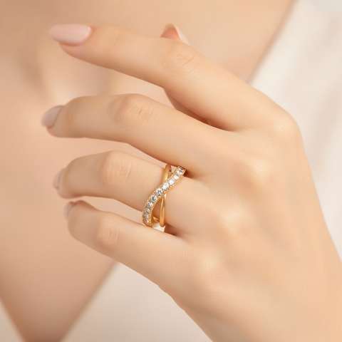 Classic Silver Color Rhinestone Liner Ring - Cross-over