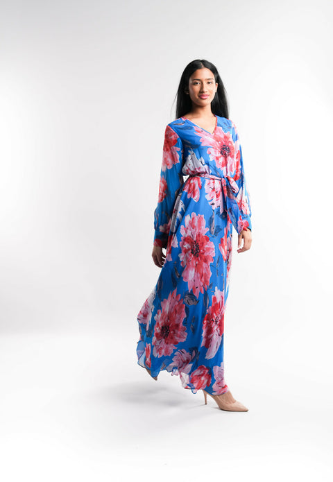 Dark Blue Floral Chiffon Dress Lined