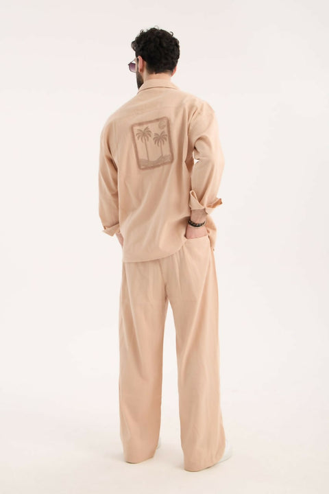 Embroidered Detail Shirt & Pants Set- Beige