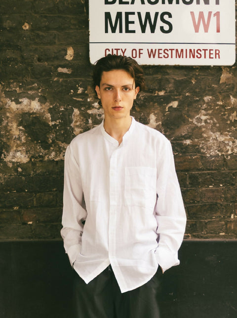 Mandarin Collar, Single Pocket Detail, Long Sleeve Cotton Shirt - White