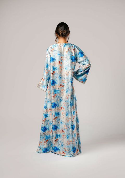 Dress-Jellabiya- Patterned Silk long Loose Style - With A luxury mixture of Blue -brown color-Sleeves with elegant lace