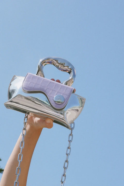 Lavender Crocodile Embossed Bag CRISANTA Crocodile-Embossed Mini Handbag with Sculptural Silver Handle
