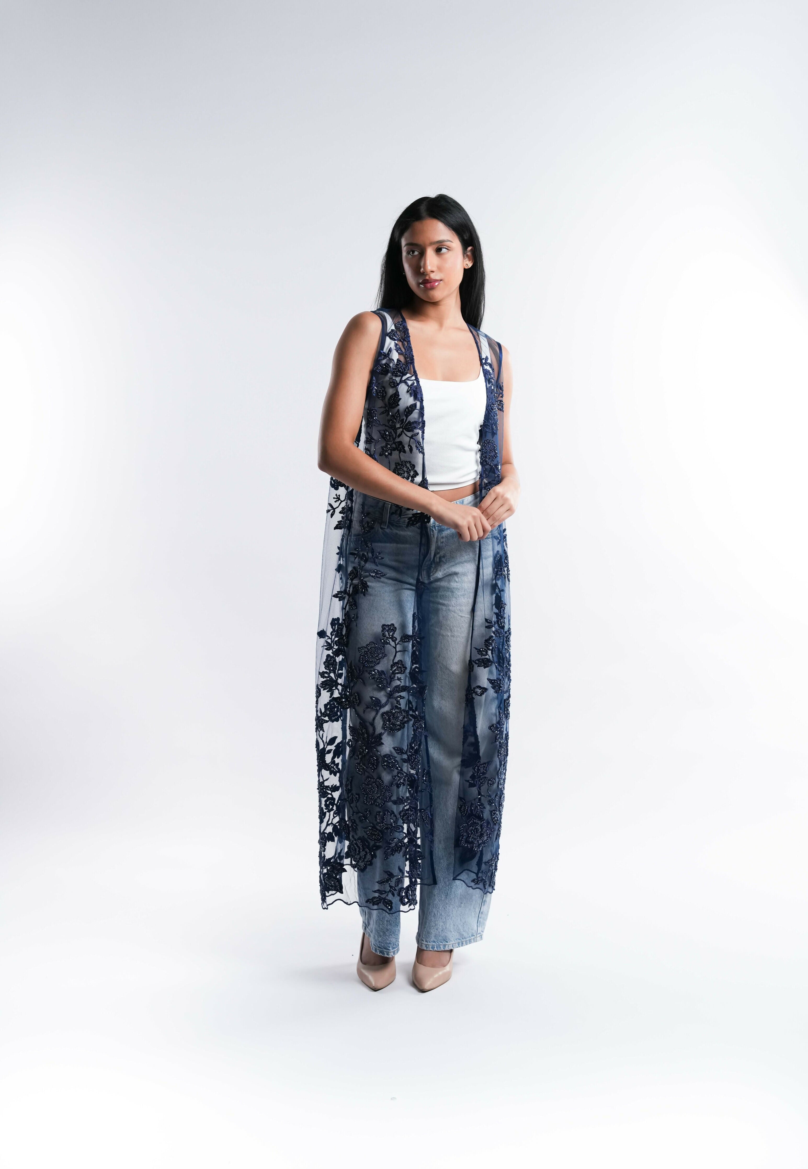 Navy Blue Hand Beaded Tulle Cape