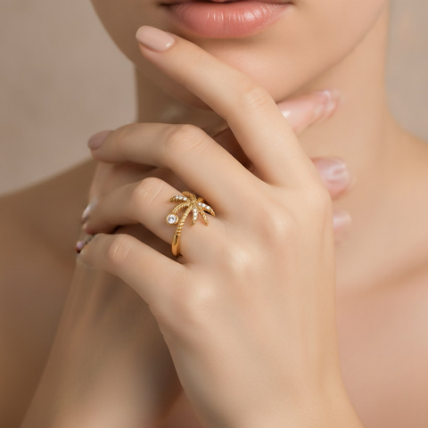 Palm Tree Open Ring with Rhinestone