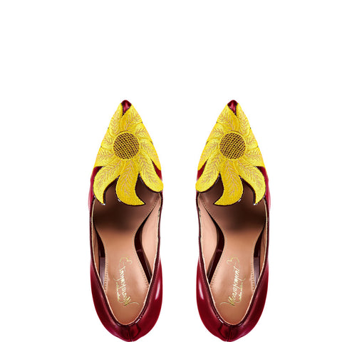 Sunflower in maroon high heels