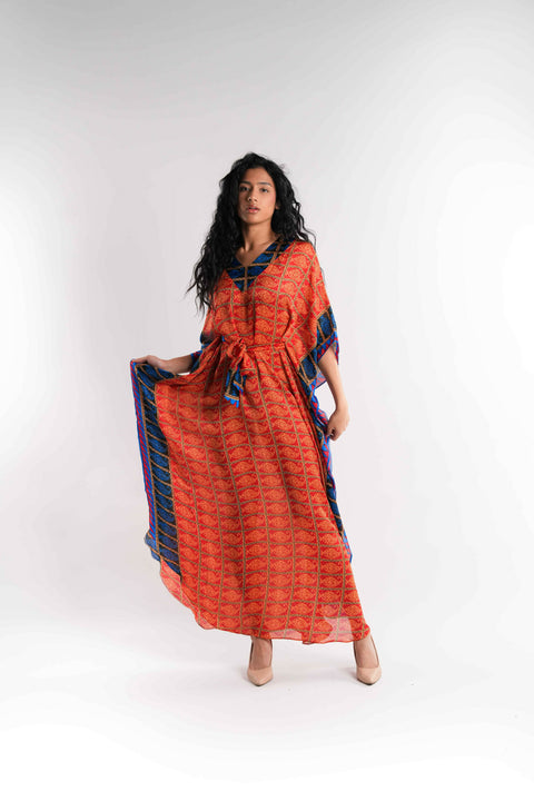 Multicolor Satin Kaftan with Belt