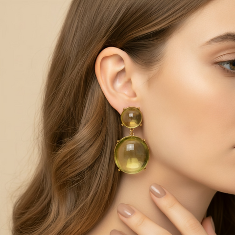Modern Double Round Amber Resin Geometric Drop Earrings - Green