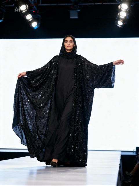 Bisht – Luxury Sparkling black abaya with sophisticated black beads