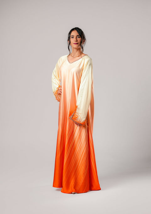 Dress-Jellabiya- Patterned Silk long Loose Style - With A luxury mixture of yellow and orange color-Sleeves with lace and soft feathers