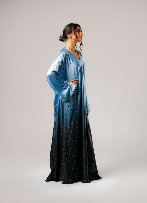 Dress-Jellabiya- Patterned Silk long Loose Style - With A luxury mixture of Blue color with stars -Sleeves with lace