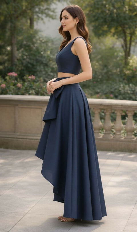 Navy Raw Silk Midi Skirt