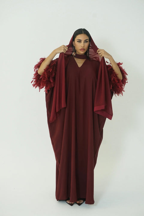 AMK COUTURE Abaya Feather Ruby Burgundy
