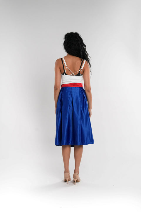 Blue Satin Skirt with Red Belt