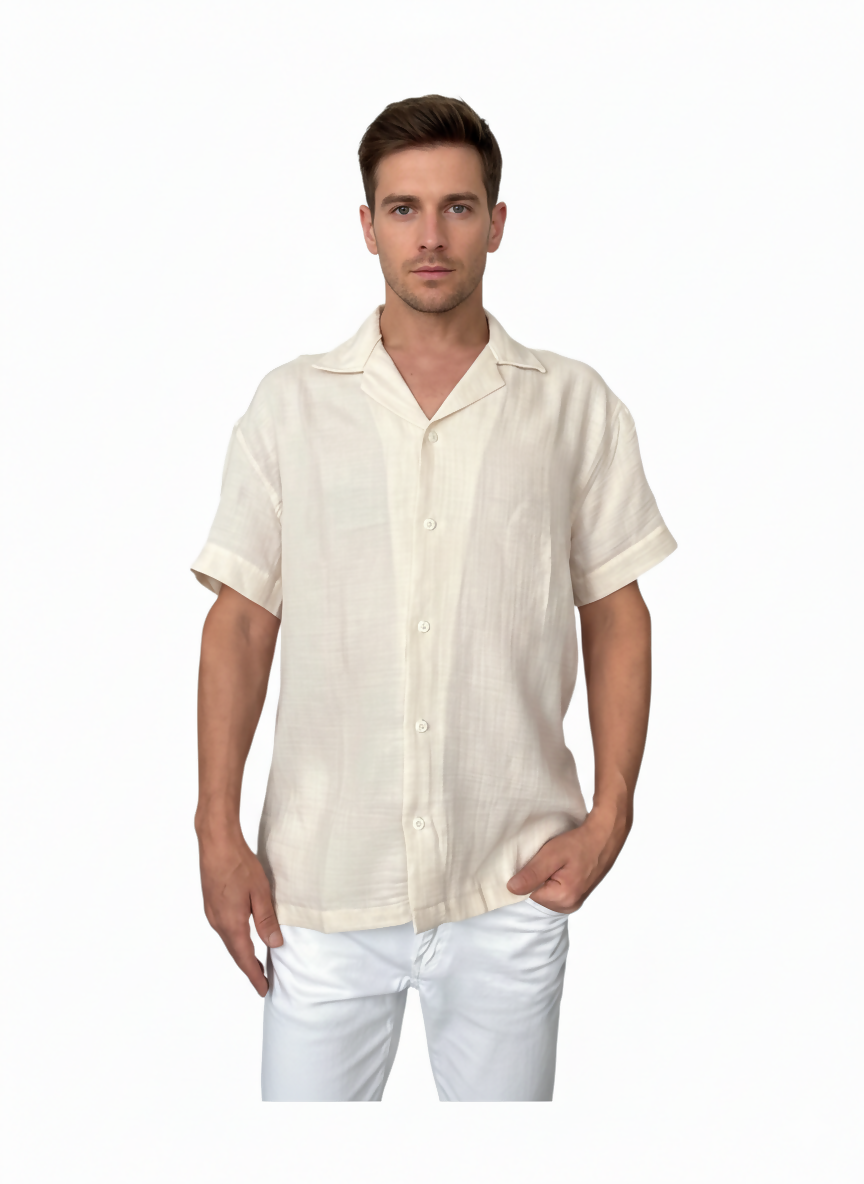Apache Collar Short Sleeve Muslin Shirt - Beige