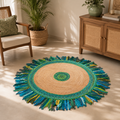 Cotton Jute and Tassel Braided Green Carpet