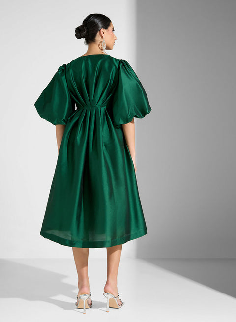 RUFFLE SLEEVE TAFFETA DRESS