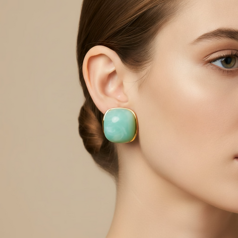Chunky Square Resin Cabochon Stud Earrings - Light Green