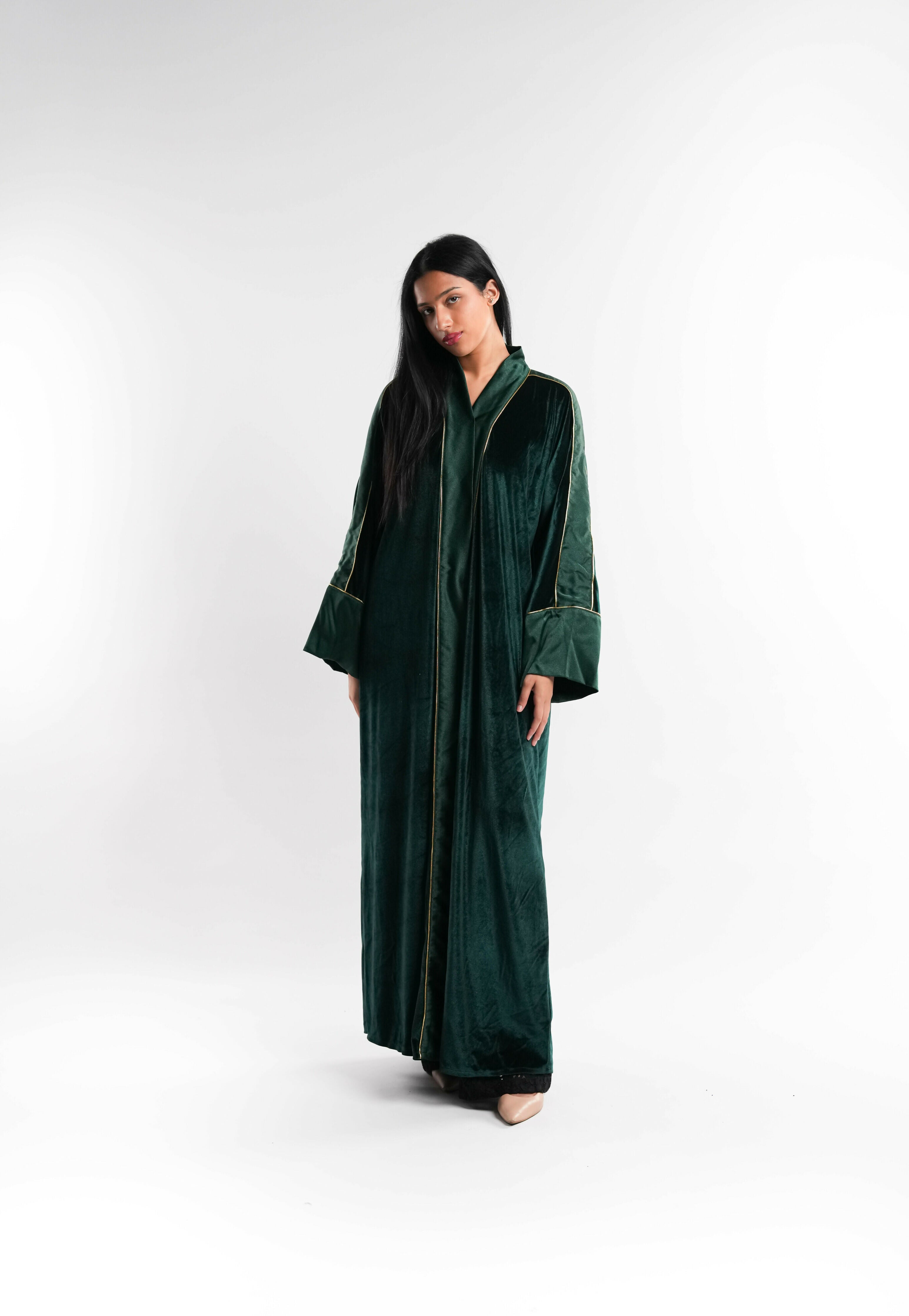 Green Velvet Abaya with Gold Thread Detail