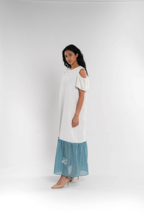 White & Blue Pearl Embellished Kaftan