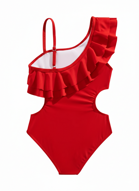 Sunset Red Ruffle Cut-Out Girls Swimsuit