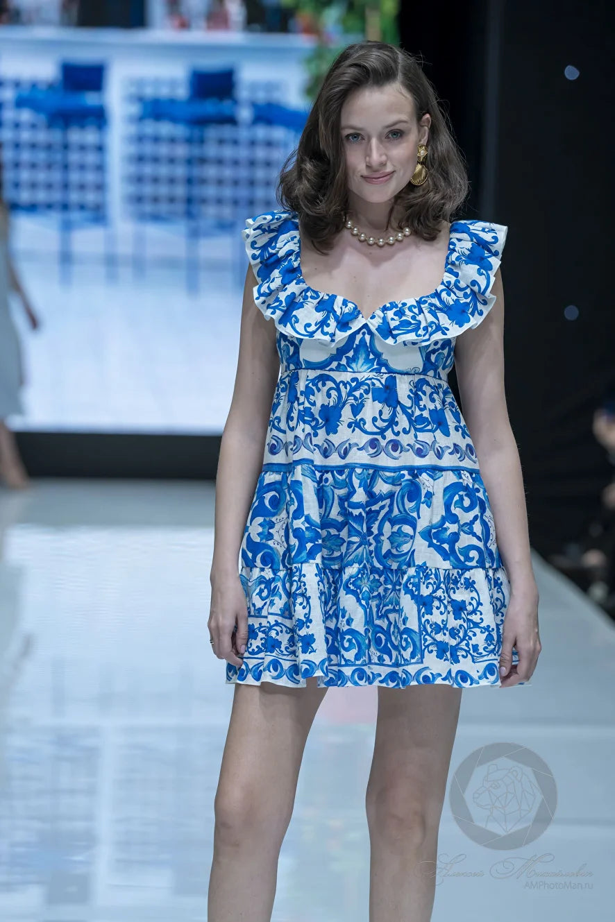 Maiolica Print Linen Dress with Flounce