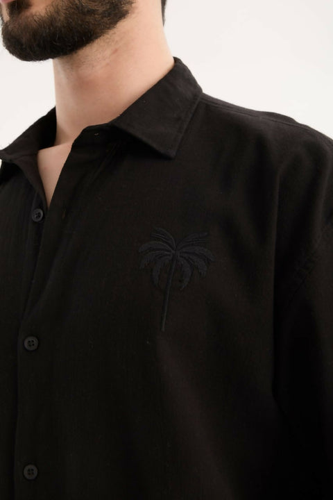 Embroidered Detail Shirt & Pants Set- Black