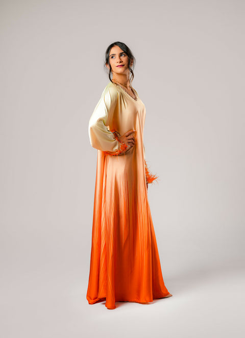 Dress-Jellabiya- Patterned Silk long Loose Style - With A luxury mixture of yellow and orange color-Sleeves with lace and soft feathers