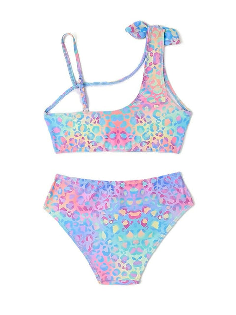 Girls’ One-Shoulder Pastel Leoaprd Bikini Set