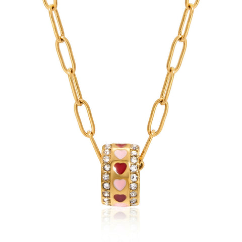 Calina – Bead Charm Necklace with Pink CZ, 18K Gold Finish