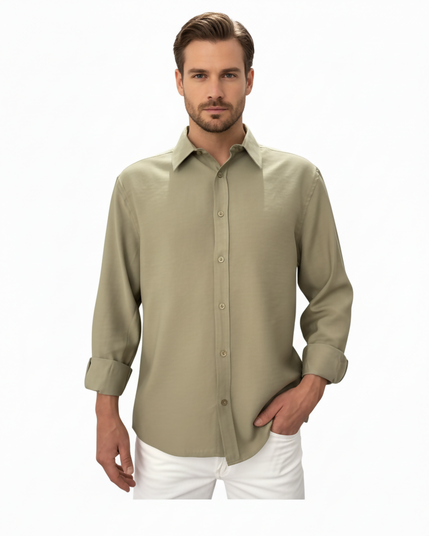 Stand Collar Long Sleeve Shirt - Khaki
