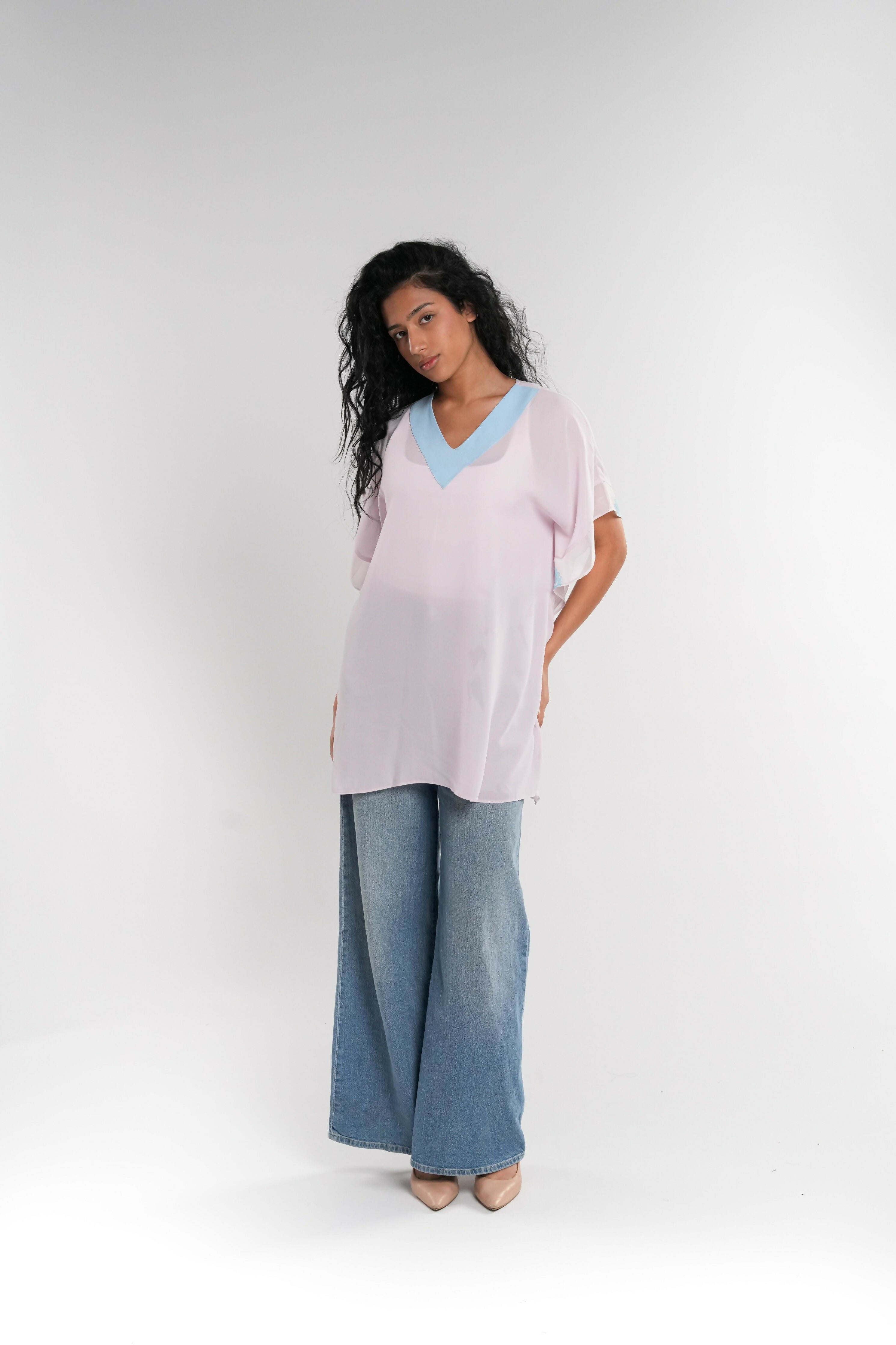 Pink Short Tunic with Blue Neckline