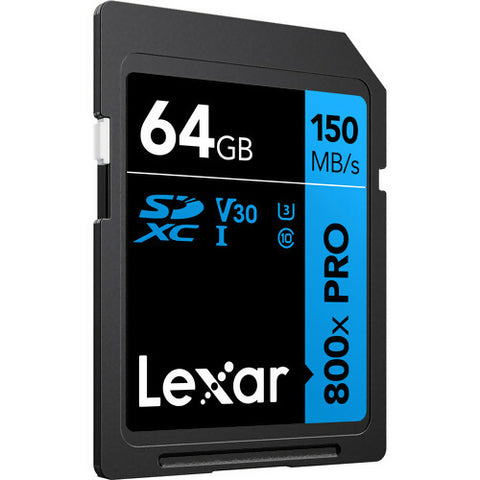 بطاقات LEXAR الاحترافية سعة 64 جيجابايت 800X PRO SDXC UHS-I، سرعة قراءة تصل إلى 150 ميجابايت/ثانية وسرعة كتابة 45 ميجابايت/ثانية C10 V30 U3 