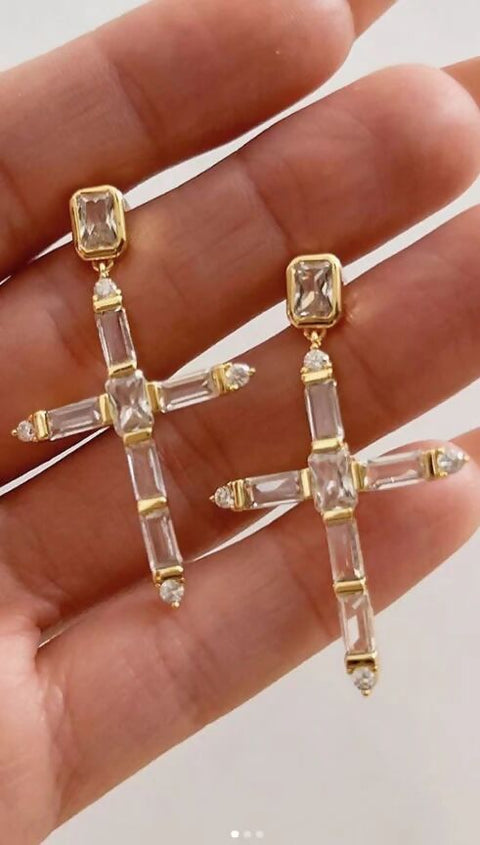 The Baguette Cross Earrings- Gold