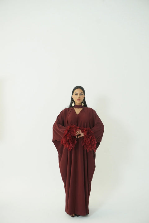 AMK COUTURE Abaya Feather Ruby Burgundy