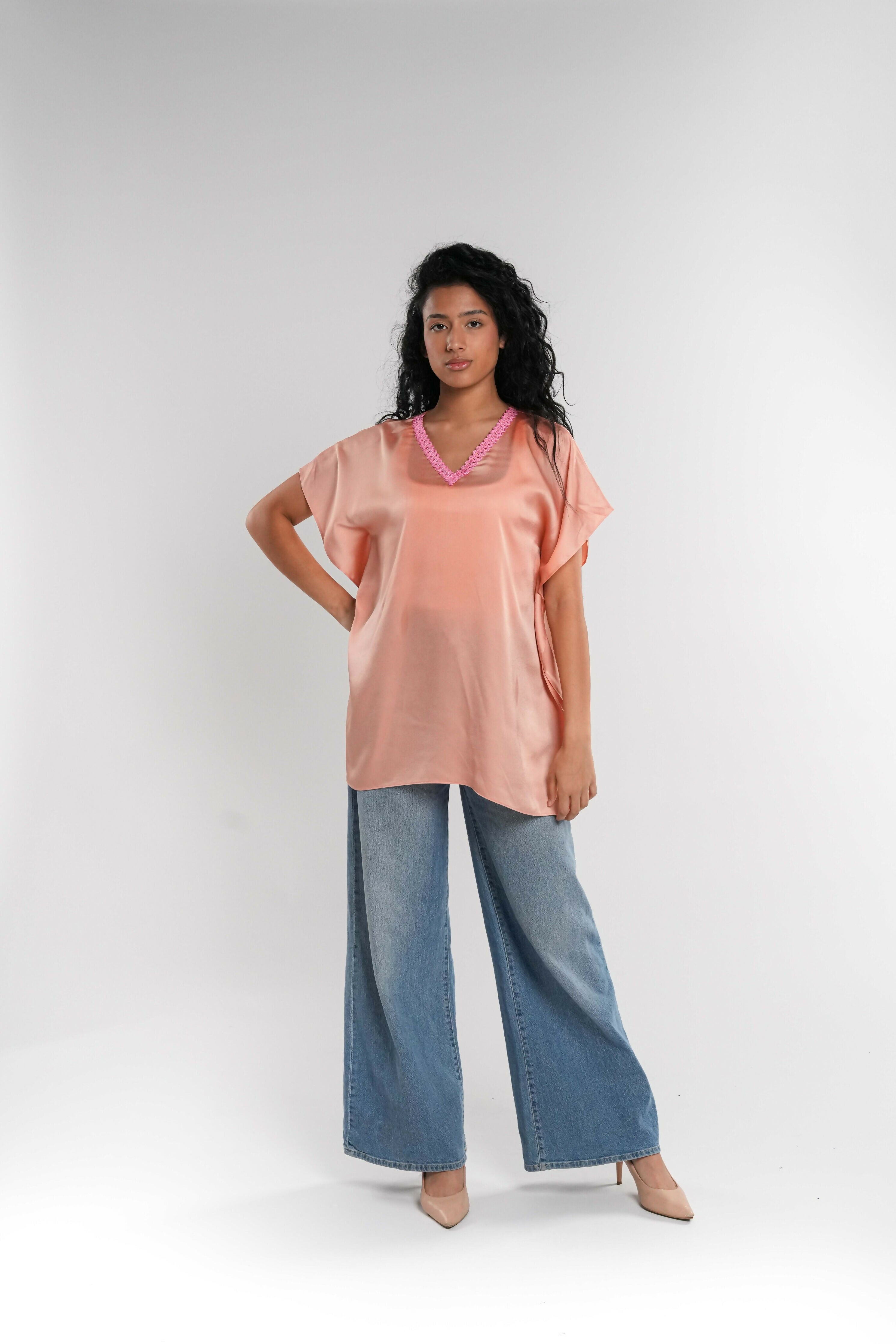 Peach Satin Tunic with Lace Neckline