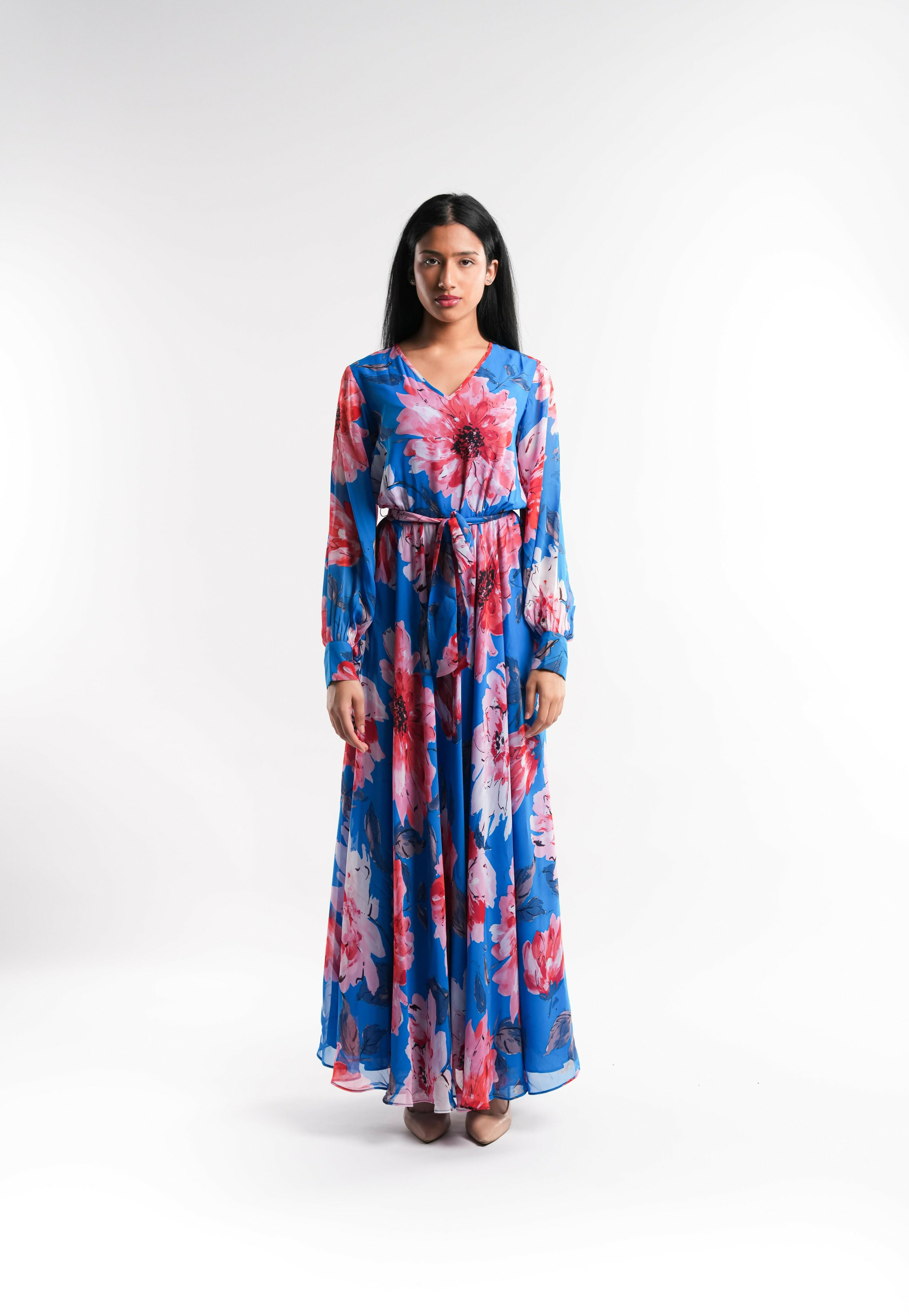 Dark Blue Floral Chiffon Dress Lined