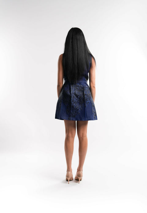 Blue Sleeveless Mini Brocade Dress